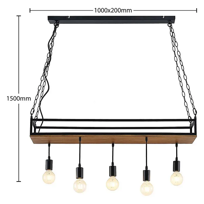 Lindby Pendelleuchte Kirista - L x B x H: 100 x 20 x 15 cm, Schwarz, kiefer dunkel, E27 - Rechteckige Hängelampe mit schwarzem Metallrahmen, Holzsockel und fünf Glühbirnen, an Ketten aufgehängt.