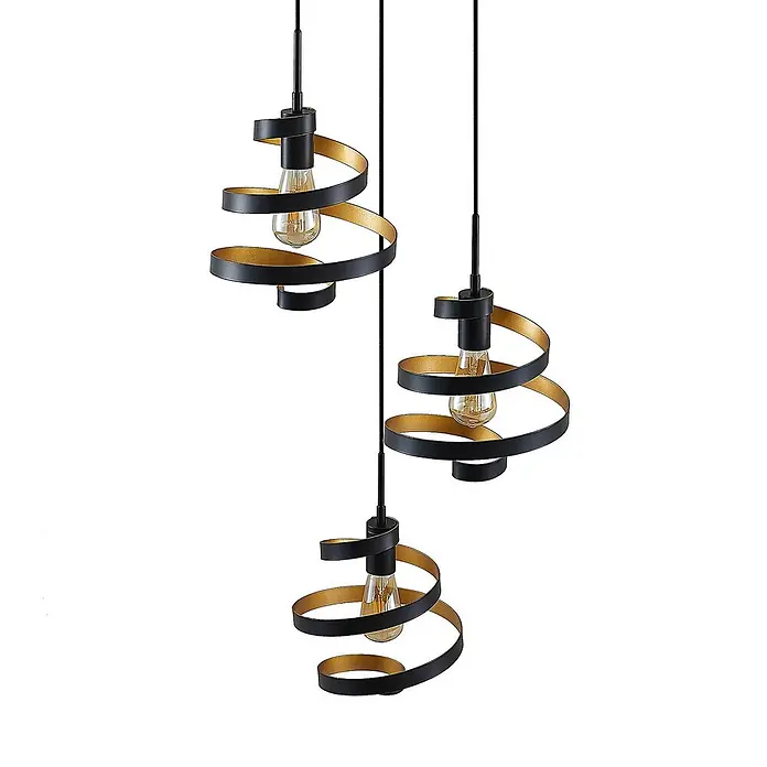 Lindby Pendelleuchte Colten - schwarz, mattSchwarz, gold, E27 - Drei spiralförmige Pendelleuchten mit schwarz-goldenen Metallschirmen und sichtbaren Glühbirnen.