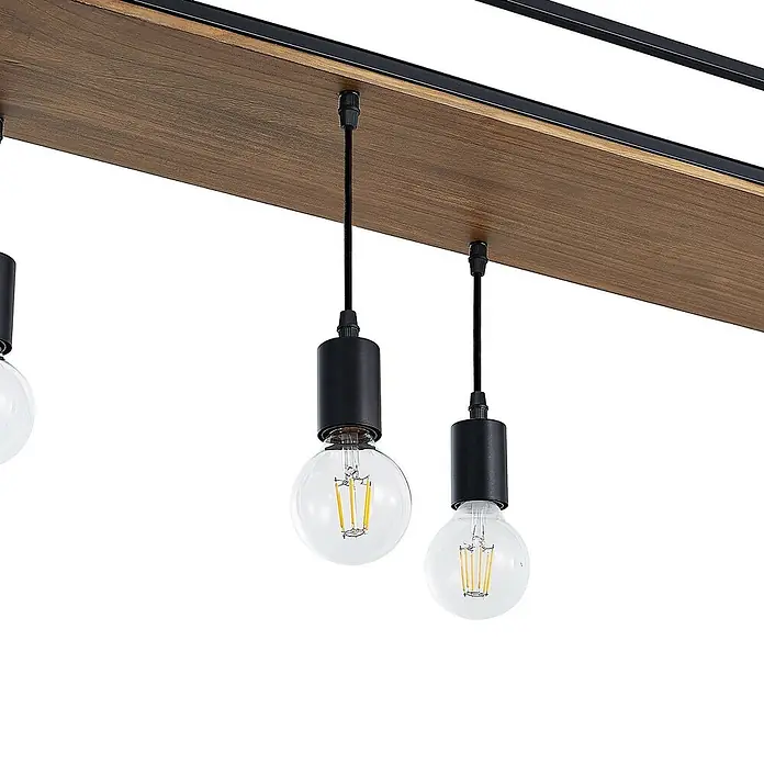 Lindby Pendelleuchte Kirista - L x B x H: 100 x 20 x 15 cm, Schwarz, kiefer dunkel, E27 - Pendelleuchte mit braunem Holzbalken und mehreren schwarzen Hängefassungen mit klaren LED-Glühbirnen.