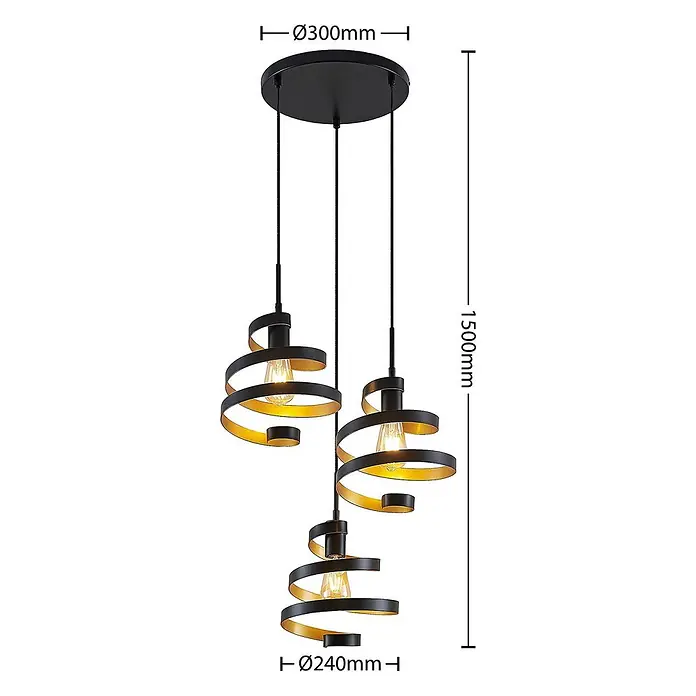Lindby Pendelleuchte Colten - schwarz, mattSchwarz, gold, E27 - Dreiflammige Pendelleuchte in Schwarz-Gold mit spiralförmigen Schirmen. Deckenplatte Ø300mm, Gesamthöhe 1500mm.
