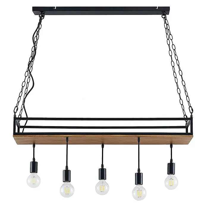 Lindby Pendelleuchte Kirista - L x B x H: 100 x 20 x 15 cm, Schwarz, kiefer dunkel, E27 - Industrielle Deckenleuchte mit schwarzem Metallrahmen, Holzsockel und fünf Glühbirnen, an Ketten hängend.