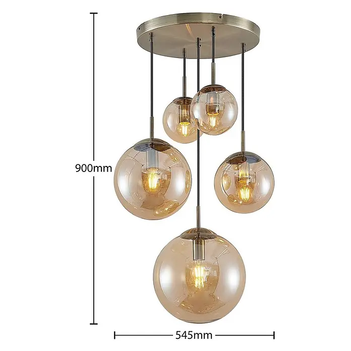 Lindby Pendelleuchte Teeja - L x B x H: 50 x 50 x 30 cm, creme / amber, amber, altmessing, E27 - Moderne 5-flammige Pendelleuchte mit bernsteinfarbenen Glaskugeln und gebürsteten Messingakzenten, 900mm hoch und 545mm breit.