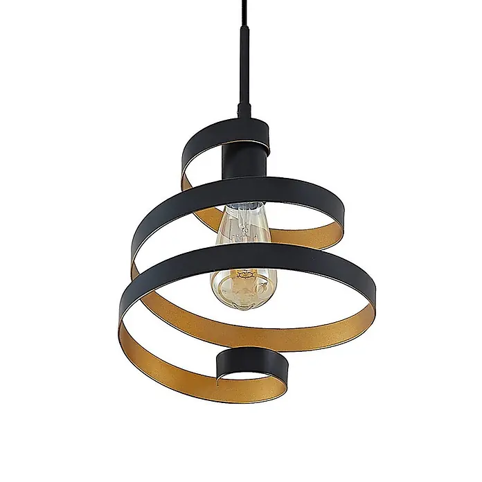 Lindby Pendelleuchte Colten - schwarz, mattSchwarz, gold, E27 - Moderne schwarze und goldene Spiral-Pendelleuchte mit sichtbarer Glühbirne.