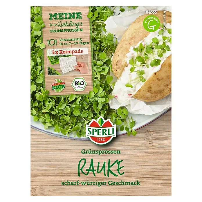 Sperli Saatgut Nachfüllpads - Bio-Rauke - Abbildung der Sperli Grünsprossen Rauke mit würzigem Geschmack, fertig in 7-10 Tagen mit Keimpads.
