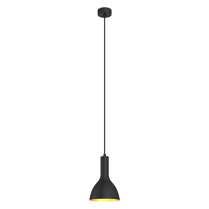 Arcchio Pendelleuchte Cosmina - L x B x H: 17,5 x 17,5 x 26 cm, schwarz, Schwarz, gold, E27 - Schwarze, minimalistische Pendelleuchte mit glockenförmigem Schirm und goldener Innenseite, von einer Deckenhalterung abgehängt.