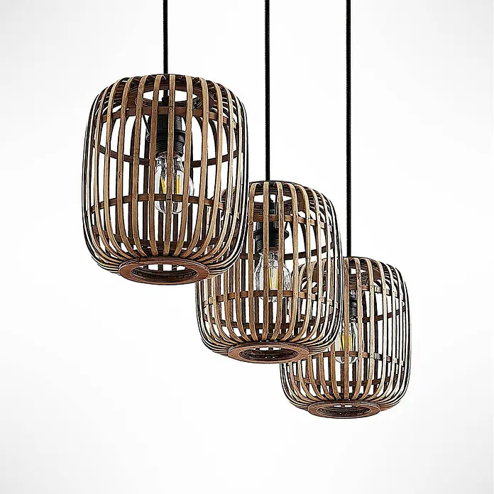 Lindby Pendelleuchte Canyana - L x B x H: 105 x 21,5 x 25 cm, Holz hell, natur, E27 - Drei Hängeleuchten aus Bambus mit sichtbaren LED-Glühbirnen.