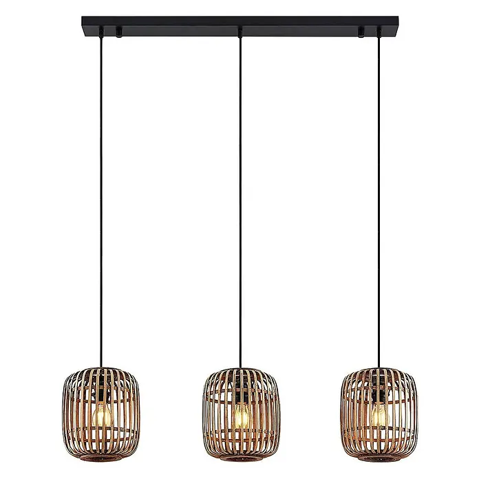 Lindby Pendelleuchte Canyana - L x B x H: 105 x 21,5 x 25 cm, Holz hell, natur, E27 - Dreiflammige Pendelleuchte mit schwarzem Balken und Lampenschirmen aus Bambusgeflecht.
