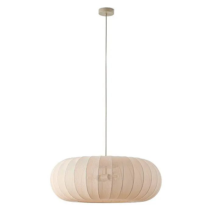 Lindby Pendelleuchte Helin - L x B x H: 70 x 70 x 26 cm, creme / amber, beige, E27 - Ovale Rippen-Pendelleuchte mit hellfarbenem Schirm, an dünner Schnur von der Decke hängend.