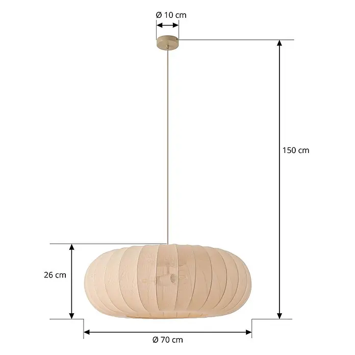 Lindby Pendelleuchte Helin - L x B x H: 70 x 70 x 26 cm, creme / amber, beige, E27 - Hängeleuchte aus hellem Holz mit geripptem, länglichem Schirm. Gesamt H: 150cm, Schirm Ø 70cm, H 26cm.