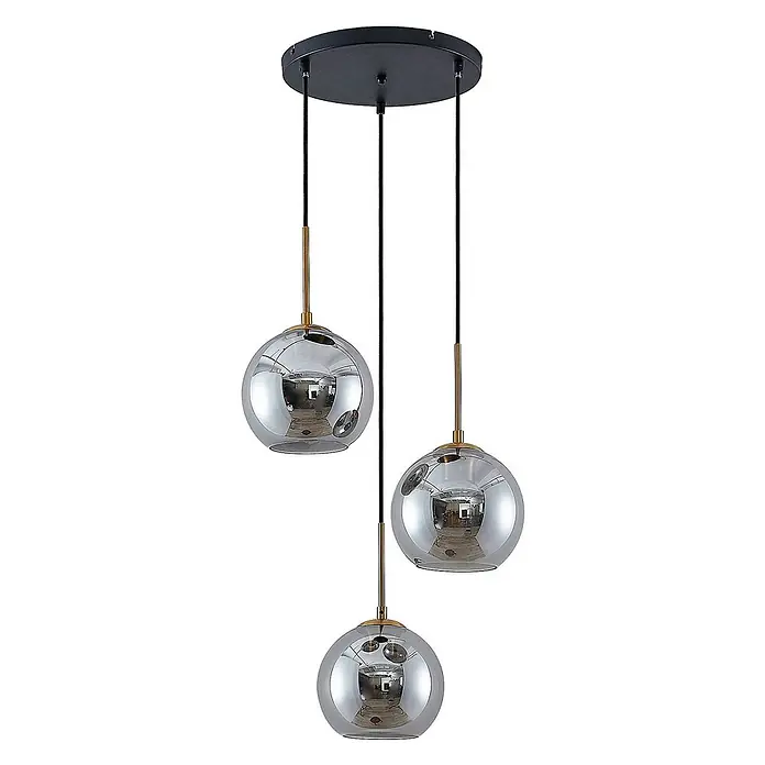 Lindby Pendelleuchte Jurian - L x B x H: 32 x 32 x 17,5 cm, alu / grau / zink, bronze, rauchgrau, E27 - Dreiflammige Deckenleuchte mit verchromten Glaskugelschirmen und goldfarbenen Akzenten an einer schwarzen Deckenplatte.
