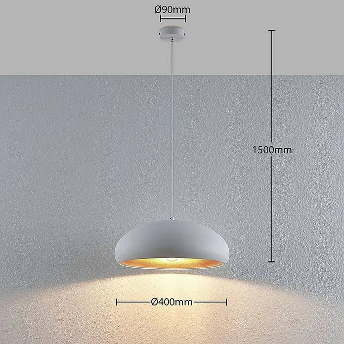Lindby Pendelleuchte Gerwina - L x B x H: 40 x 40 x 15 cm, weiß / opal, weiß, gold, E27 - Weiße Pendelleuchte mit goldener Innenseite, ø400mm Schirm, 1500mm Höhe, ø90mm Baldachin.