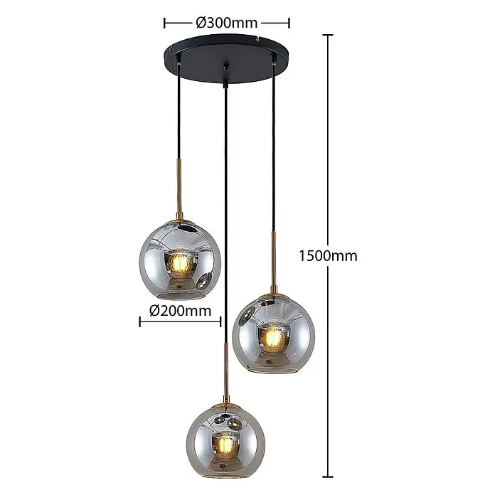 Lindby Pendelleuchte Jurian - L x B x H: 32 x 32 x 17,5 cm, alu / grau / zink, bronze, rauchgrau, E27 - Dreiflammige Pendelleuchte mit schwarzem Baldachin, Goldakzenten und verchromten Glaskugelschirmen. Gesamthöhe 1500mm.