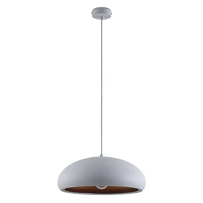 Lindby Pendelleuchte Gerwina - L x B x H: 40 x 40 x 15 cm, weiß / opal, weiß, gold, E27 - Hellgraue, kuppelförmige Pendelleuchte mit brauner Innenseite, an einem silbernen Kabel hängend.