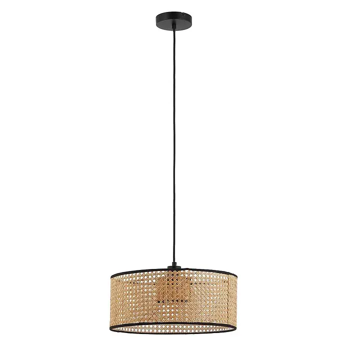 Lindby Pendelleuchte Otso - L x B x H: 40 x 40 x 17 cm, Holz hell, holz hell, E27 - Schwarze Pendelleuchte mit zylindrischem Schirm aus Naturrattan-Geflecht.