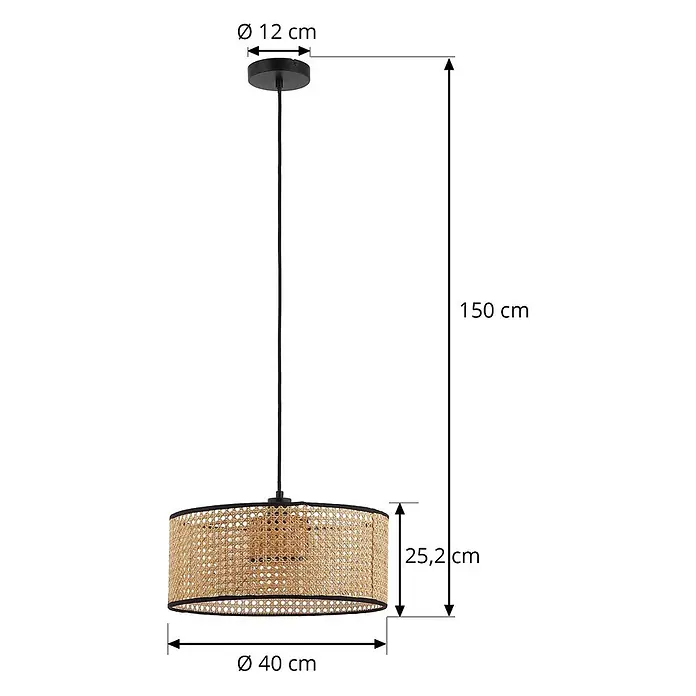 Lindby Pendelleuchte Otso - L x B x H: 40 x 40 x 17 cm, Holz hell, holz hell, E27 - Rattan-Hängeleuchte mit schwarzem Kabel und Deckenbefestigung, Maße sichtbar.