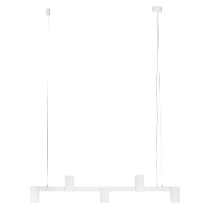 Arcchio Pendelleuchte Brinja - weiß / opal, weiß, GU10 - Weiße lineare Pendelleuchte mit fünf zylindrischen Leuchtköpfen, an zwei Kabeln aufgehängt.