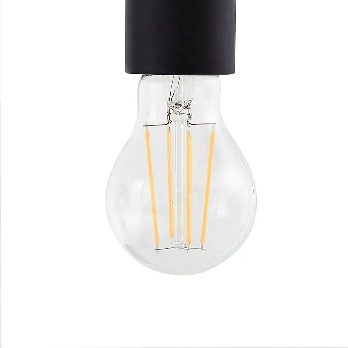 Lucande Pendelleuchte Brillar - L x B x H: 128 x 30 x 26,5 cm, alu / grau / zink, rauchgrau, zementgrau, E27 - Klare LED-Glühbirne mit sichtbaren orangefarbenen Filamenten und schwarzem Sockel.