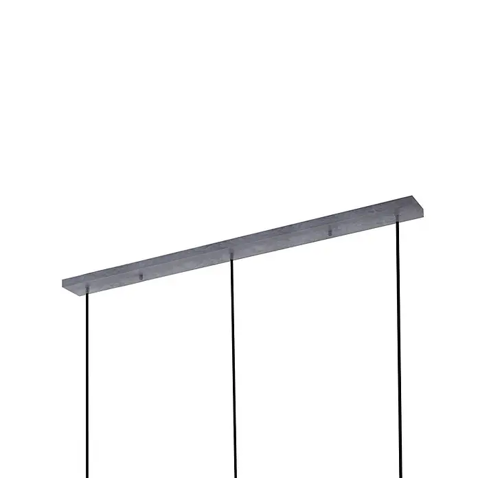 Lucande Pendelleuchte Brillar - L x B x H: 128 x 30 x 26,5 cm, alu / grau / zink, rauchgrau, zementgrau, E27 - Graue rechteckige Deckenhalterung mit mehreren schwarzen Aufhängeschnüren für Pendelleuchten.