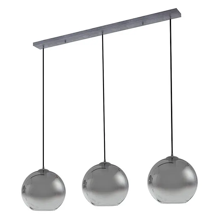 Lucande Pendelleuchte Brillar - L x B x H: 128 x 30 x 26,5 cm, alu / grau / zink, rauchgrau, zementgrau, E27 - Dreiflammige Pendelleuchte mit grauer Schiene und drei kugelförmigen Rauchglaslampen an schwarzen Kabeln.
