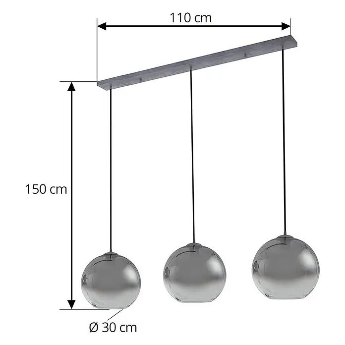 Lucande Pendelleuchte Brillar - L x B x H: 128 x 30 x 26,5 cm, alu / grau / zink, rauchgrau, zementgrau, E27 - Dreiflammige Pendelleuchte mit grauem Metallbalken (110 cm) und drei sphärischen Rauchglas-Schirmen (Ø 30 cm), Gesamthöhe 150 cm.