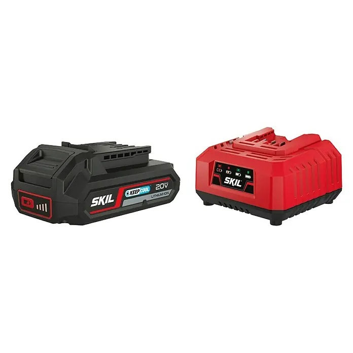 Skil PWRCore 20V Akku & Ladegerät 3110 AA - 20 V, 1 Akku, 2,5 Ah - SKIL 20V Lithium-Ionen-Akkus: Ein schwarzer Akku mit Ladestandsanzeige und ein roter Akku mit Ladezustandsanzeige für SKIL Elektrowerkzeuge.