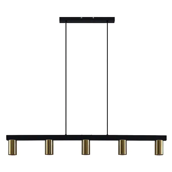 Lindby Pendelleuchte Baliko - messing, Schwarz, GU10 - Lineare Pendelleuchte mit schwarzer Deckenhalterung und fünf goldfarbenen zylindrischen Leuchten.