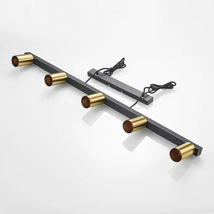 Lindby Pendelleuchte Baliko - messing, Schwarz, GU10 - Moderne schwarze Stromschiene mit fünf zylindrischen Gold-Spotlights.