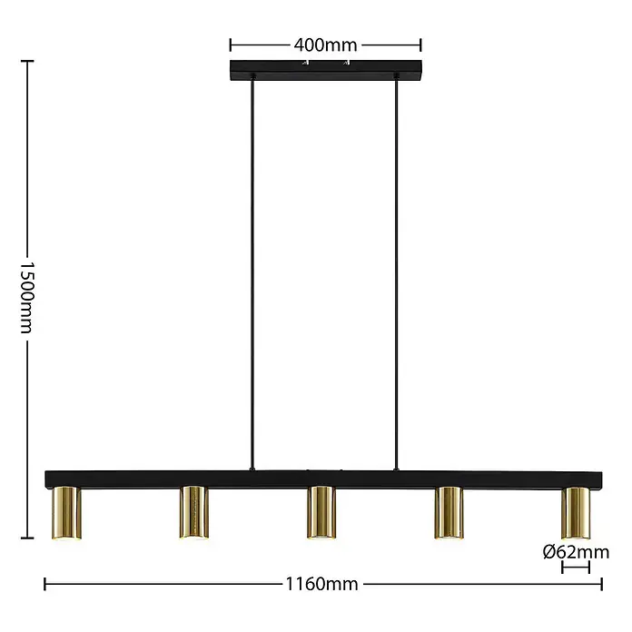 Lindby Pendelleuchte Baliko - messing, Schwarz, GU10 - Schwarze lineare Pendelleuchte mit fünf goldenen zylindrischen Lichtquellen. Maße: H1500mm, L1160mm.
