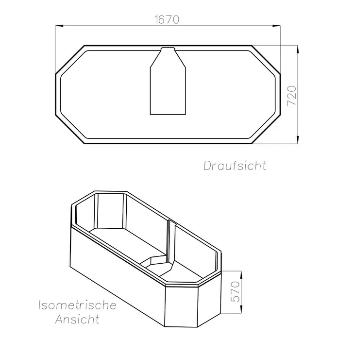 Ottofond Badewannenträger Dakar - Passend für: Badewanne Dakar 170 x 75 cm - Zeichnung eines rechteckigen Whirlpools mit den Maßen 1670x720x570 mm und isometrischer Ansicht.