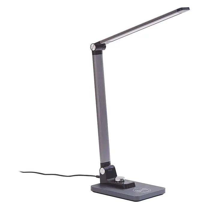 Lindby Tischleuchte Valtaris - L x B x H: 35,6 x 13,7 x 43,1 cm, alu / grau / zink, alu / grau / zink - Dunkelgraue moderne LED-Schreibtischlampe mit verstellbarem Arm und kabelloser Ladebasis.