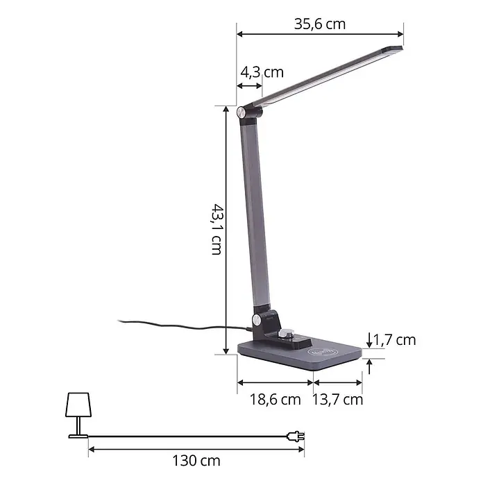 Lindby Tischleuchte Valtaris - L x B x H: 35,6 x 13,7 x 43,1 cm, alu / grau / zink, alu / grau / zink - Anthrazitfarbene LED-Schreibtischlampe mit verstellbarem Leuchtbalken, rechteckigem Sockel und Bedienelementen. Maße für Lampe und 130 cm Netzkabel sind abgebildet.