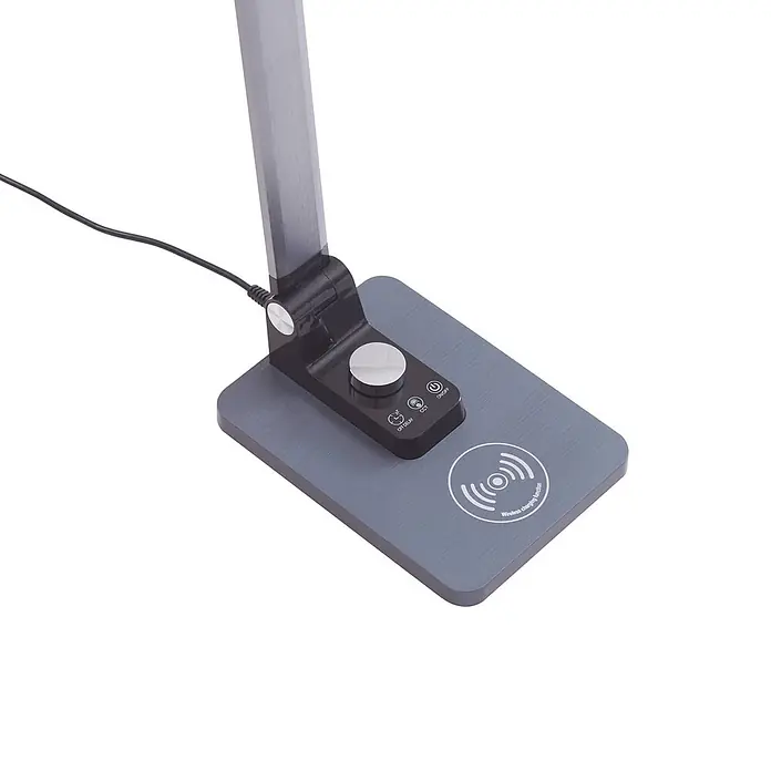 Lindby Tischleuchte Valtaris - L x B x H: 35,6 x 13,7 x 43,1 cm, alu / grau / zink, alu / grau / zink - Grauer gebürsteter Schreibtischlampenfuß mit schwarzem Bedienfeld für Ein/Aus, CCT und Verzögerung sowie integrierter kabelloser Ladestation.