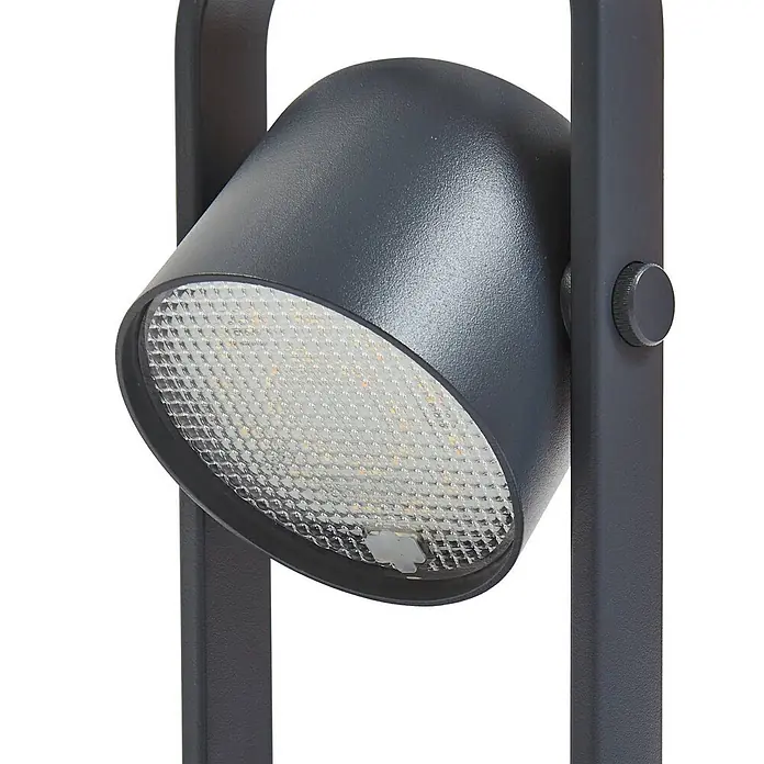 Lindby Tischleuchte Kalevi - schwarz, schwarz - Dunkelgrauer, strukturierter LED-Strahler mit sichtbarer Lichtmatrix, auf einem Ständer montiert.