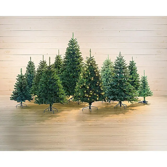 Künstlicher Weihnachtsbaum Bristlecone LED - Höhe: 185 cm, Grün, LED-Beleuchtung - Eine vielfältige Auswahl an künstlichen Weihnachtsbäumen unterschiedlicher Größe, einige mit Lichtern, vor einer Holzwand.