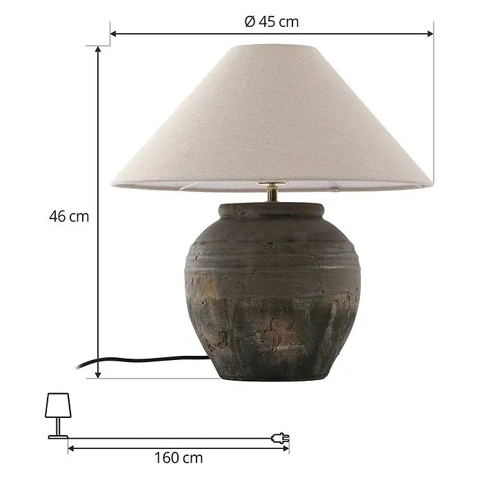 Lucande Tischleuchte Thalorin - braun / rost, E27 - Rustikale Tischlampe mit einem dunklen, strukturierten Topfboden und einem hellbeigen konischen Stofflampenschirm.