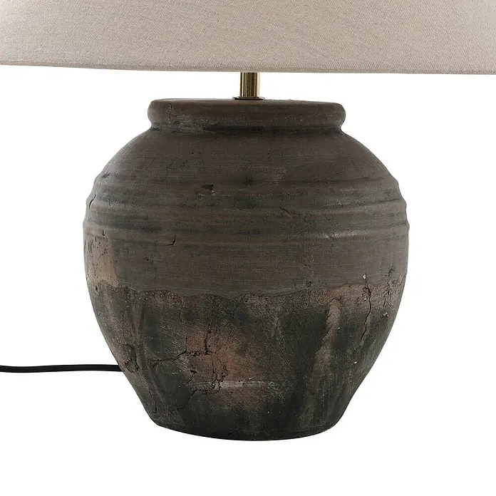 Lucande Tischleuchte Thalorin - braun / rost, E27 - Rustikale dunkle Keramik-Tischlampe mit hellem Stoffschirm.