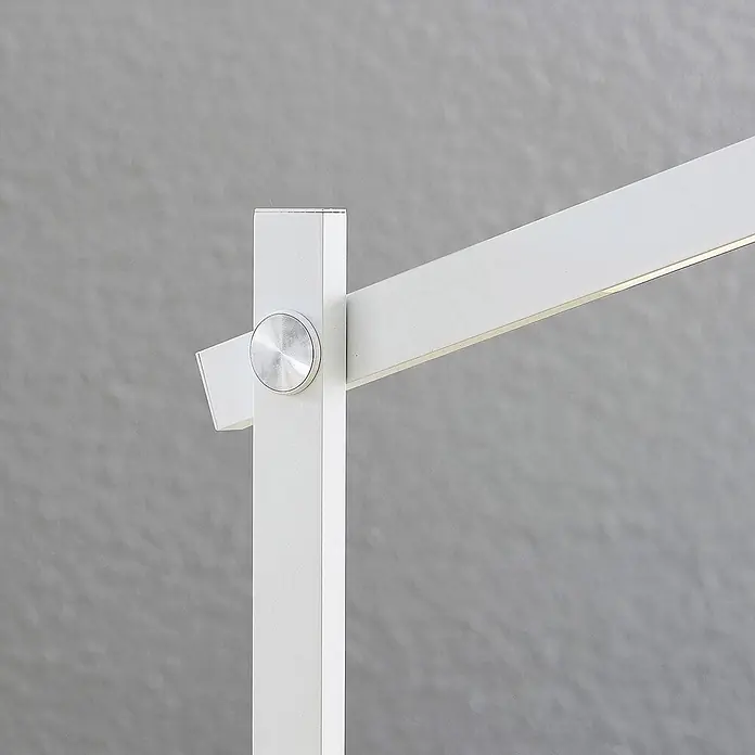 Lindby Tischleuchte Loretta - L x B x H: 40,8 x 17 x 43 cm, weiß / opal, weiß / opal - Weiße LED-Schreibtischlampe mit verstellbarem Arm und silbernem, texturiertem Einstellknopf.