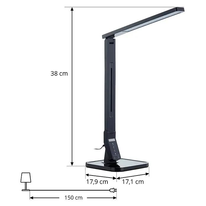 Lindby Tischleuchte Eleni - L x B x H: 18 x 17,2 x 45 cm, schwarz, schwarz - Verstellbare schwarze LED-Schreibtischlampe mit quadratischem Fuß und integrierten Bedienelementen.
