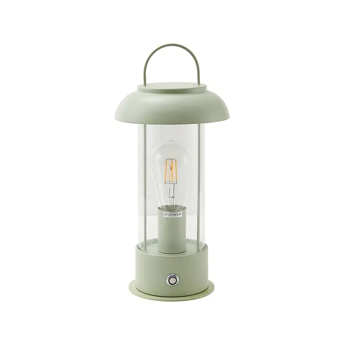 Lindby Tischleuchte Yvette - L x B x H: 17 x 17 x 36,4 cm, grün, klar / transparent, E27 - Tragbare Laterne in Salbeigrün mit klarem Glaszylinder, E27 LED-Birne und Tragegriff.