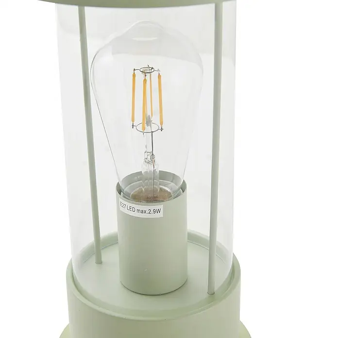 Lindby Tischleuchte Yvette - L x B x H: 17 x 17 x 36,4 cm, grün, klar / transparent, E27 - Hellgrüne Metalllaterne mit Klarglas und einer sichtbaren E27 LED-Birne.