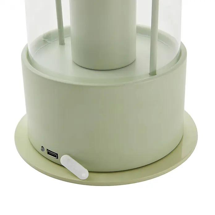 Lindby Tischleuchte Yvette - L x B x H: 17 x 17 x 36,4 cm, grün, klar / transparent, E27 - Hellgrüne zylindrische Gerätebasis mit transparentem Oberteil, USB-Anschluss, Anzeigeleuchte und weißer Schutzkappe.