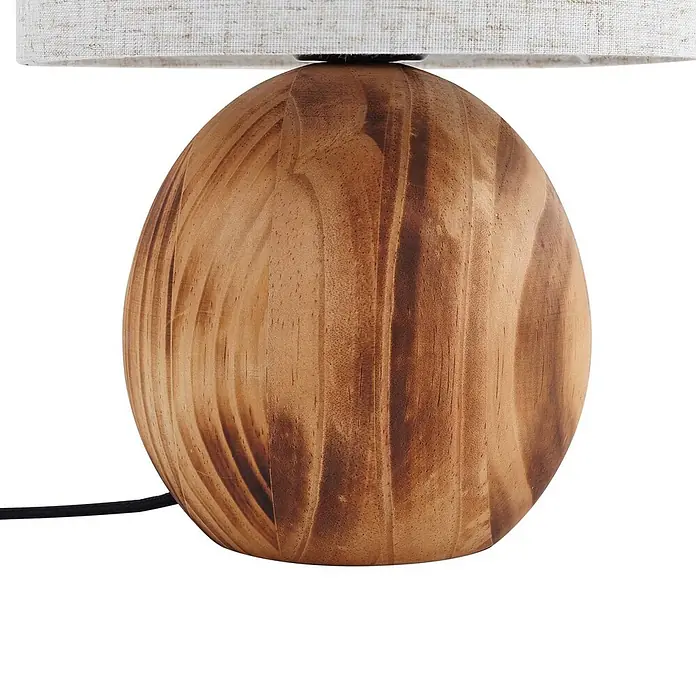 Lindby Tischleuchte Mayumi - L x B x H: 22 x 22 x 31 cm, Holz hell, alu / grau / zink, E27 - Tischlampe mit eiförmigem, hellbraunem Holzsockel und naturbelassenem Stofflampenschirm.