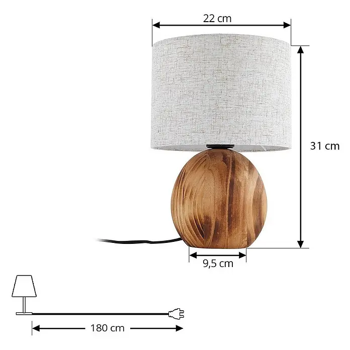 Lindby Tischleuchte Mayumi - L x B x H: 22 x 22 x 31 cm, Holz hell, alu / grau / zink, E27 - Nachttischlampe aus Holz mit hellem Stoffschirm. Maße: 31 cm hoch, 22 cm Schirm Ø, 9,5 cm Basis, 180 cm Kabel.