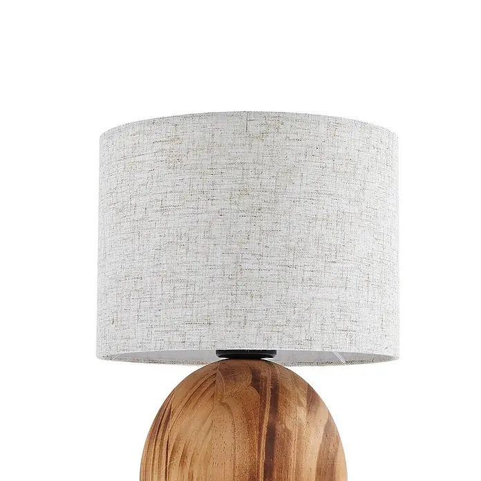 Lindby Tischleuchte Mayumi - L x B x H: 22 x 22 x 31 cm, Holz hell, alu / grau / zink, E27 - Tischlampe mit hellem zylindrischem Schirm in Leinenoptik und einem runden Holzsockel.