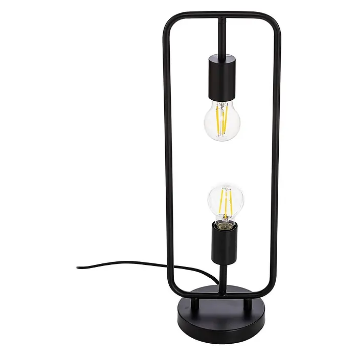 Lucande Tischleuchte Tornike - L x B x H: 15 x 18,5 x 56 cm, schwarz, E27 - Schwarze Metall-Tischlampe mit rechteckigem Rahmen und zwei sichtbaren LED-Glühbirnen.
