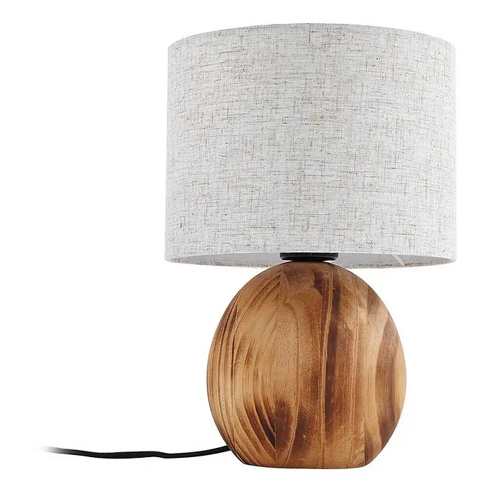 Lindby Tischleuchte Mayumi - L x B x H: 22 x 22 x 31 cm, Holz hell, alu / grau / zink, E27 - Nachttischlampe mit ovalem Holzsockel und hellem Stoffschirm.