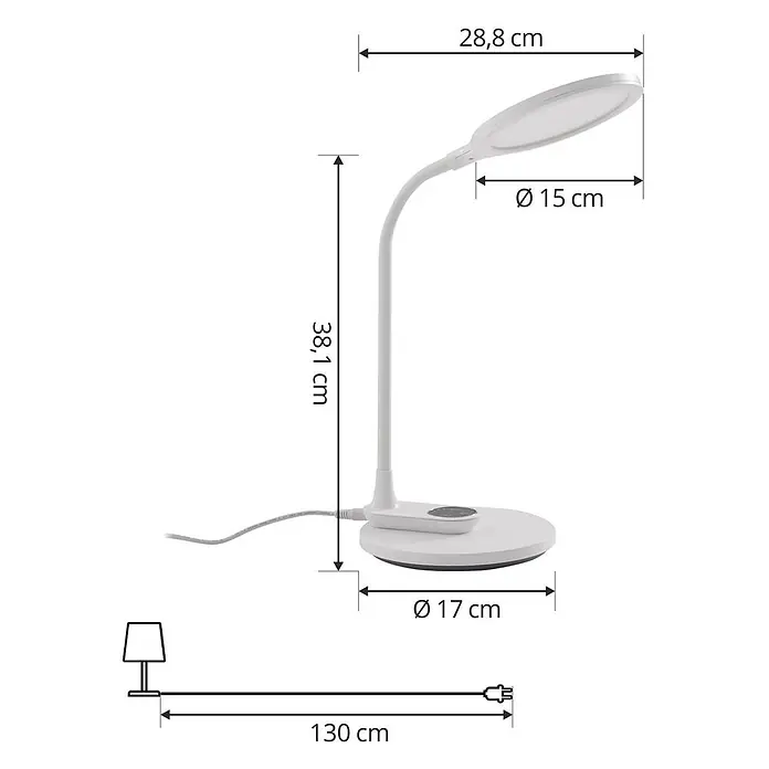 Lindby Tischleuchte Valtaria - L x B x H: 28,8 x 17 x 38,1 cm, weiß / opal, weiß / opal - Weiße Schreibtischlampe mit flexiblem Hals, rundem Sockel (17 cm) und ovalem Kopf. 38,1 cm hoch; 130 cm Netzkabel.