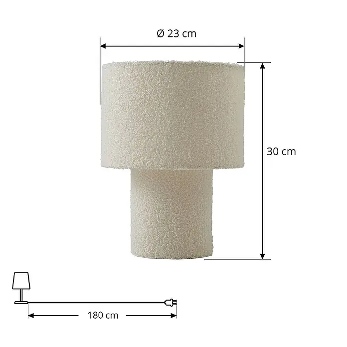 Lindby Tischleuchte Jone - L x B x H: 23 x 23 x 30 cm, weiß / opal, weiß / opal, E27 - Helle, cremefarbene Bouclé-Tischleuchte, 30 cm hoch, Ø 23 cm.