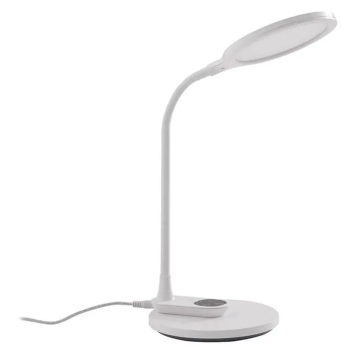 Lindby Tischleuchte Valtaria - L x B x H: 28,8 x 17 x 38,1 cm, weiß / opal, weiß / opal - Weiße LED-Schreibtischlampe mit flexiblem Schwanenhals, ovalem Leuchtkopf und rundem Sockel mit Touch-Bedienung und Stromkabel.