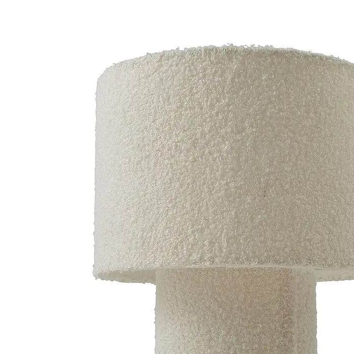 Lindby Tischleuchte Jone - L x B x H: 23 x 23 x 30 cm, weiß / opal, weiß / opal, E27 - Cremefarbene Lampe mit zylindrischem Schirm und Fuß in Bouclé-Struktur.